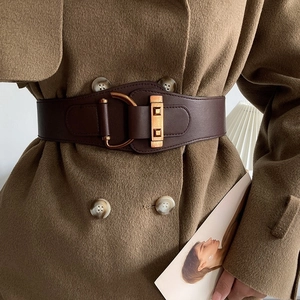 Detail of dark brown elastic waist belt with vintage metal buckle on suit jacket