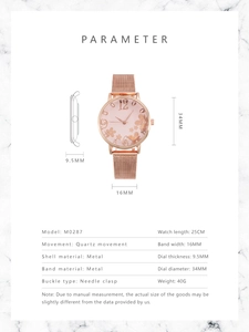 Detailed specs of rose gold floral quartz watch with Milanese mesh band dimensions
