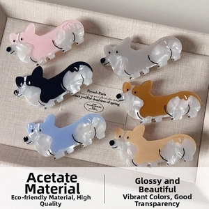 Detailed set of cute acetate Corgi dog hair clips in six assorted marble colors