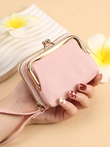 Women PU Leather Litchi Grain Kiss Lock Zip Wallet Multi Card Slot Coin Purse With Wristlet Strap Vintage Style
