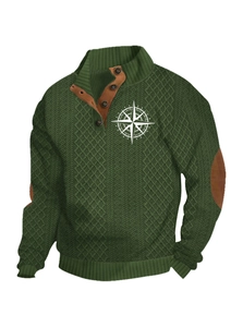 Detail of dark green knit sweater featuring buttoned stand collar and brown elbow patches