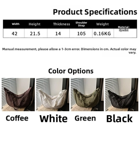 Detailed size chart for quilted dumpling bag with dimensions and four color variants