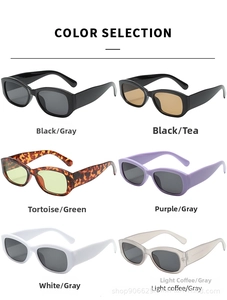 Flat lay of retro narrow-frame sunglasses in six colors including black, tortie, and purple
