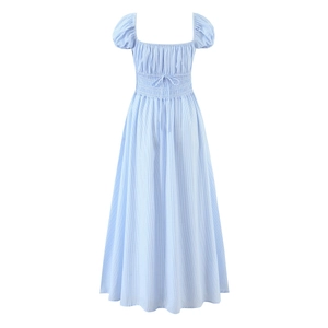 Blue striped puff sleeve maxi dress with square neck and drawstring waist tie