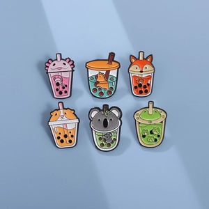 Cute animal and boba tea enamel pin set featuring fox, capybara and koala characters