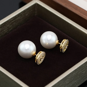 Luxurious double-sided gold pearl earrings with zircon inlay for elegant women