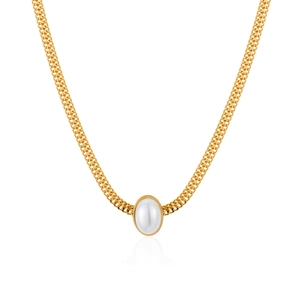 Elegant gold double-layered necklace featuring a white oval pearl on a clean white background