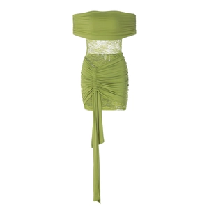 Detail of green off-shoulder lace dress featuring ruched fabric and decorative long ribbon