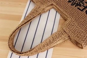 Gros plan du sac fourre-tout tissé en corde de papier avec doublure et broderie détaillée