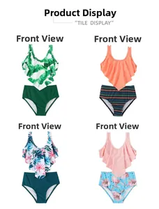 Grille détaillée de quatre maillots de bain deux pièces à volants pour filles aux motifs variés