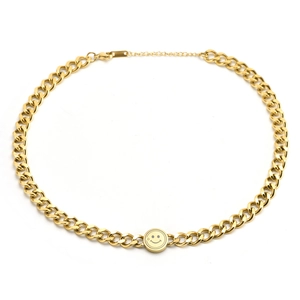 Elegant gold titanium steel Cuban chain necklace with a classic round smiley face pendant