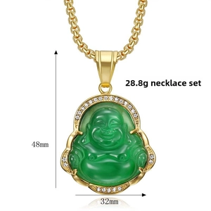 Detailed view of Buddha pendant dimensions 48mm by 32mm with gold chain and crystals