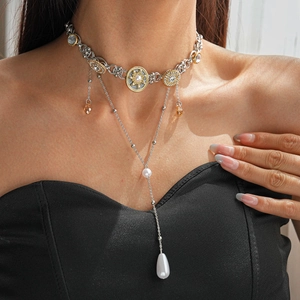 Baroque Palace Vintage Necklace With Copper Rhinestone Imitation Artificial Pearl Resin Glass Sun Teardrop Pendant Tassel Long Chain