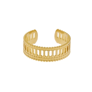 Elegant gold-plated stainless steel open ring with hollow mesh and milgrain borders