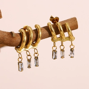 18K gold plated stainless steel tiered earrings with hanging rectangular zircon crystals