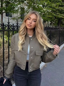 Women's olive green bomber jacket with stand collar and large utility pockets