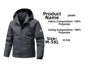 Detail view of charcoal gray windbreaker showing 100% polyester fabric and size specs