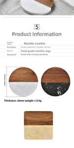 Detailed dimensions and material specs for marble and acacia wood drink coaster