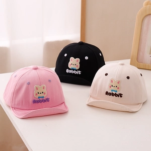 Detailed embroidery of cartoon rabbit and text on soft brim cotton baby baseball caps