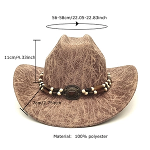Brown western cowboy hat with beaded band and retro buckle showing 56-58cm size dimensions
