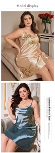 Detail view of satin floral slip nightgowns in champagne gold and peacock blue colors
