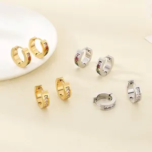 Stainless Steel Hoop Earrings With Colorful White Cubic Zirconia Geometric Huggie Earring Jewelry For Women