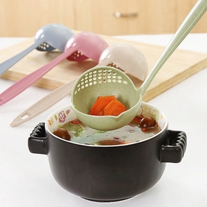 Green wheat straw soup ladle and strainer combo with extra long handle for cooking