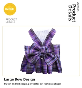 Detailed view of plaid pet harness dress with bow, D-ring and breathable mesh lining