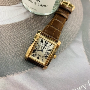 Elegant rectangular gold watch with brown leather strap and roman numeral dial detail