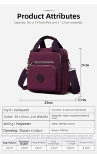 Guide détaillé des tailles du sac à langer en nylon violet avec capacité et mesures
