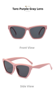 Front and side view of trendy lavender cat eye sunglasses with gray lenses