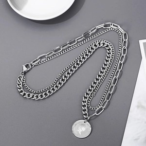 Minimalist layered silver coin pendant necklace with stainless steel multi-strand design