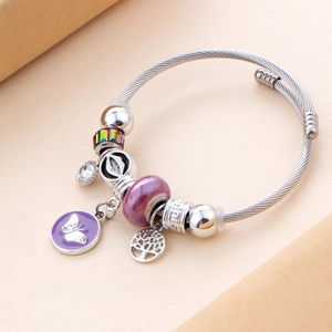Silver plated charm bracelet with purple butterfly and tree of life pendants for women
