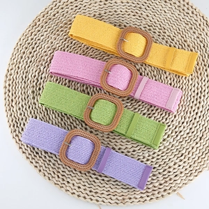 Colorful woven belts in yellow, pink, green and purple with square buckles for summer dresses