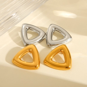 Minimalist hollow triangle stud earrings in polished 18K gold and silver stainless steel