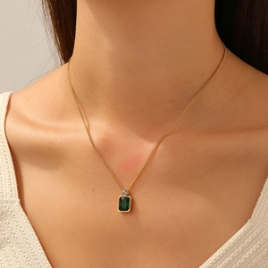 Gold-plated stainless steel chain with a rectangular green gemstone pendant for women