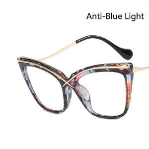 Cat eye blue light blocking glasses with vintage floral print and gold metal temples