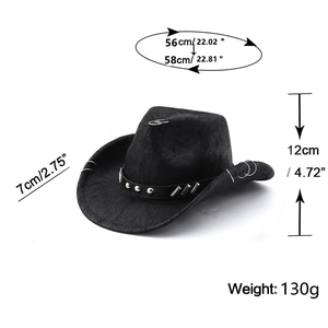 Detail of black suede cowboy hat featuring silver studs and metallic ring accents