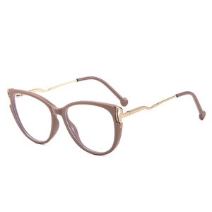Cat-eye TR90 anti-blue light glasses with brown frames and wavy golden metal temples
