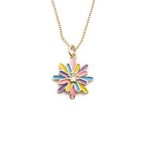 Elegant gold necklace with multi-colored enamel daisy pendants and central clear gemstones