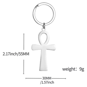 Polished stainless steel Egyptian Ankh key ring with 55mm height and 30mm width pendant