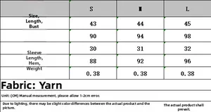 Detailed size chart for women's knit cardigan showing length, bust, and sleeve measurements