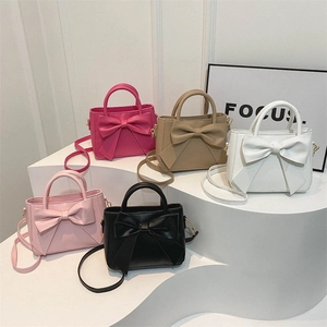 Women PU Leather Shoulder Bag Large Bow Square Handbag Elegant Solid Color Top Handle Crossbody Purse For Ladies
