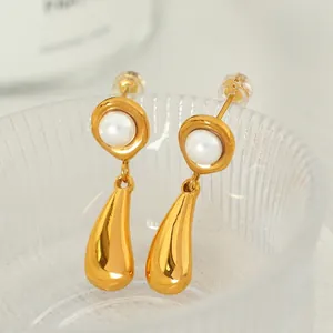 French retro gold 18k plated waterdrop earrings with white pearls on glass rim