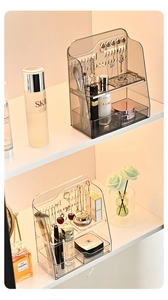 Macro view of clear PET bathroom mirror cabinet storage box for makeup and cosmetics