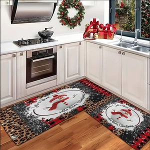Detail showing two-piece Christmas kitchen mats with snowman and buffalo plaid patterns