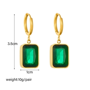Elegant gold earrings with emerald green rectangular gemstones and size measurements