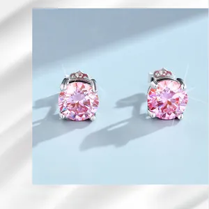 Macro detail of pink moissanite earrings with S925 sterling silver four-prong setting