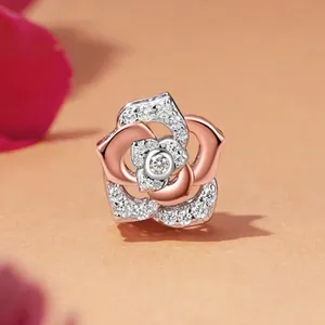 Elegant 925 sterling silver rose flower bead charm with sparkling zircon pavé stones