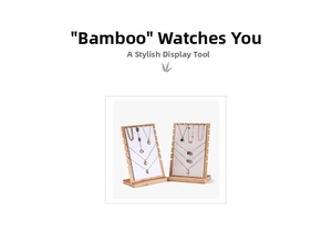 Bamboo necklace display stand with white velvet backing and side notches for jewelry